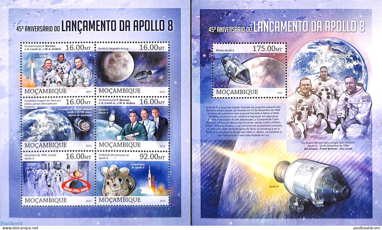 Mozambique 2013 Apollo 8 Launch 2 S/s, Mint NH, Transport - Various - Space Exploration - Globes - Geographie