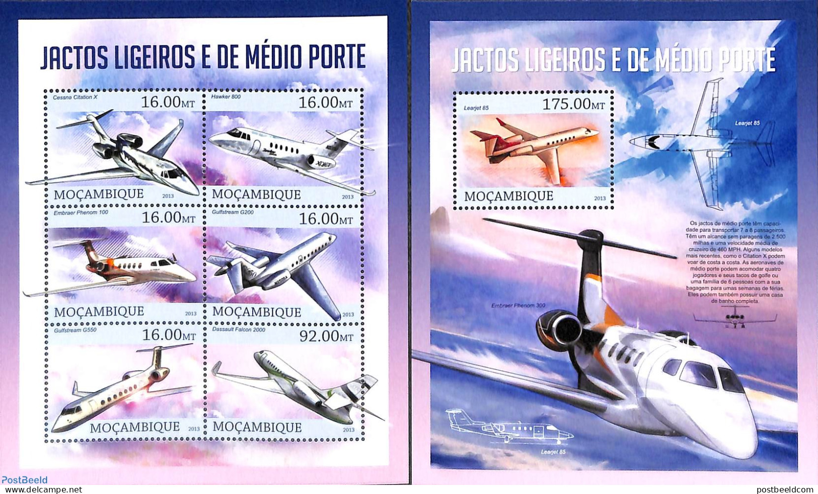 Mozambique 2013 Light And Medium Jets 2 S/s, Mint NH, Transport - Aircraft & Aviation - Airplanes