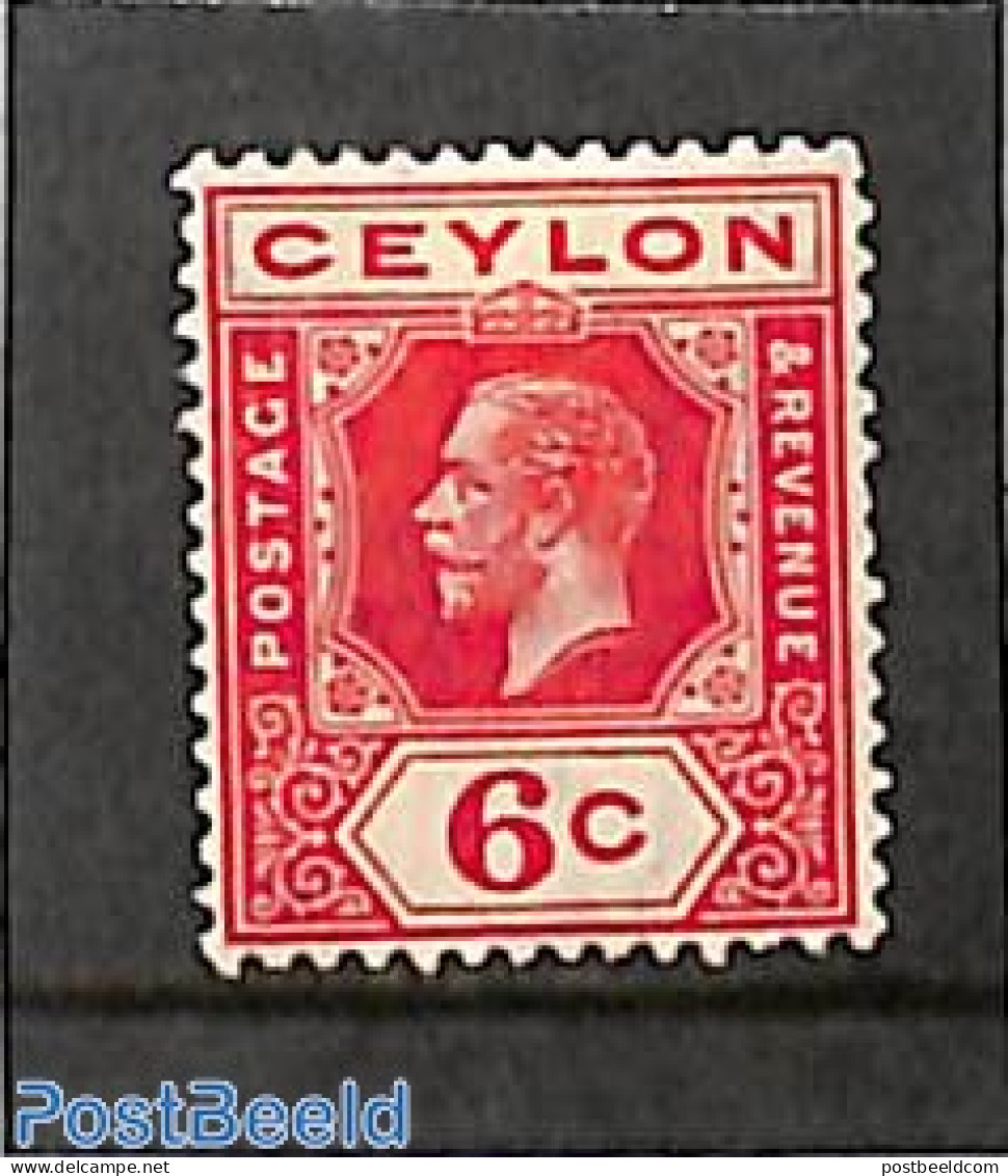 Sri Lanka (Ceylon) 1911 6c, Large C, WM Multiple Crown-CA, Stamp Out Of Set, Unused (hinged) - Sri Lanka (Ceylon) (1948-...)