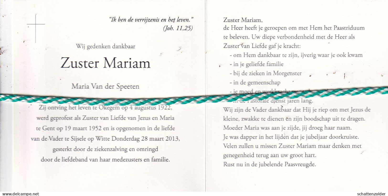 Zuster Mariam (Maria Van Der Speeten); Okegem 1922, Sijsele 2013. Foto - Obituary Notices