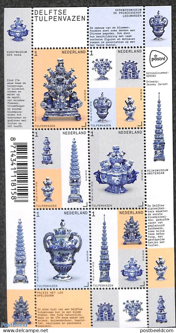 Netherlands 2022 Delft Tulip Vases 6v M/s, Mint NH, Art - Art & Antique Objects - Ceramics - Postzegelboekjes En Roltandingzegels