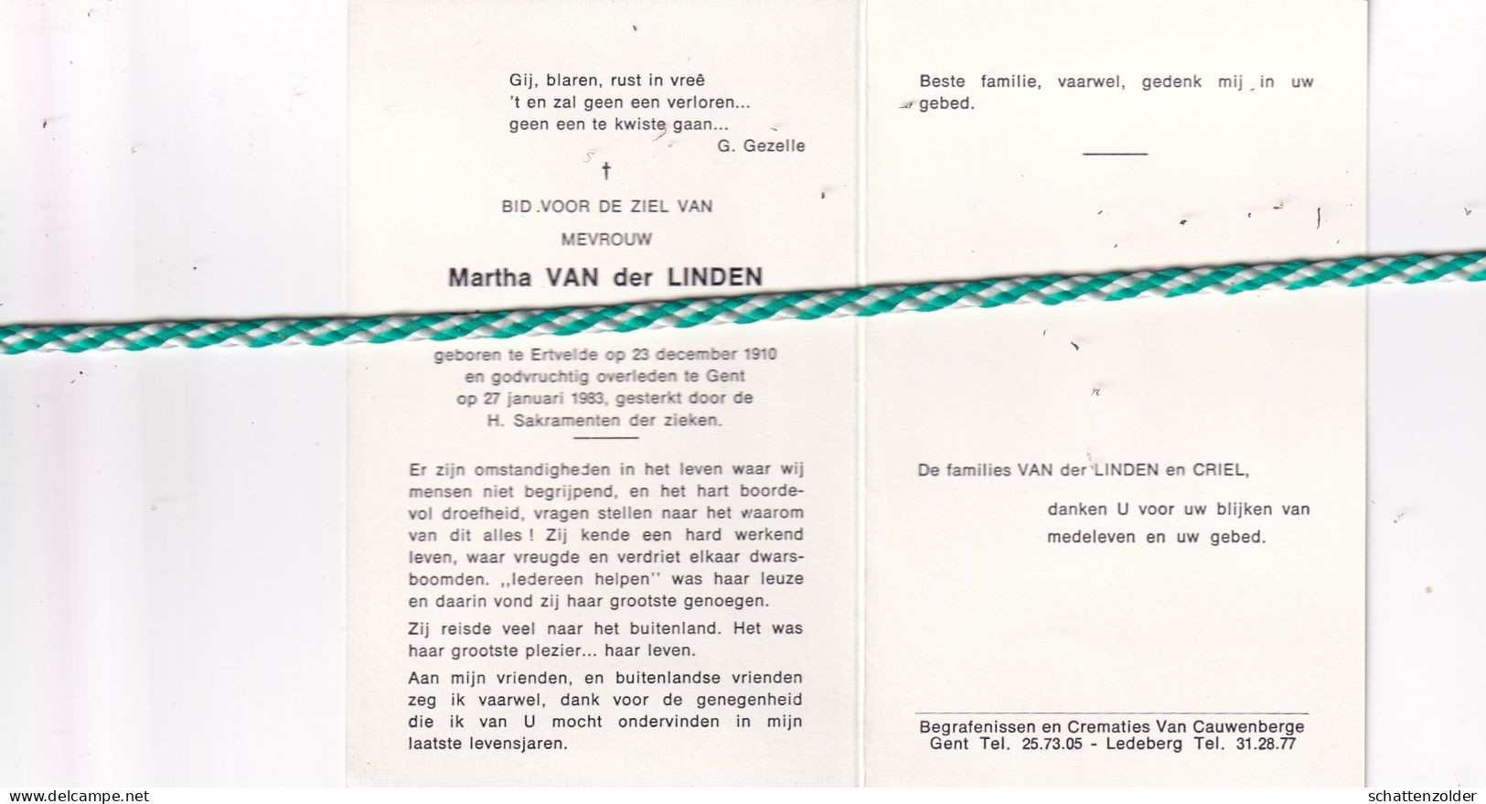 Martha Van Der Linden-Criel, Ertvelde 1910, Gent 1983 - Todesanzeige