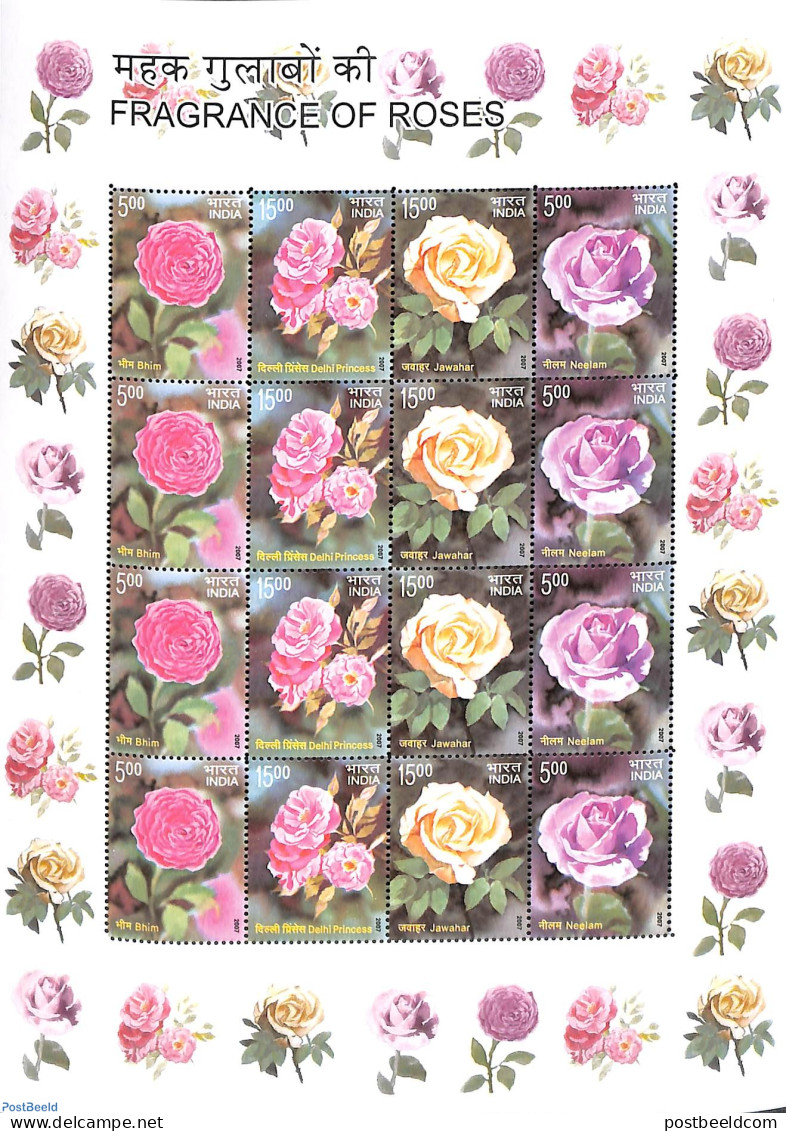India 2007 Scentic Roses M/s, Mint NH, Nature - Various - Flowers & Plants - Roses - Scented Stamps - Neufs
