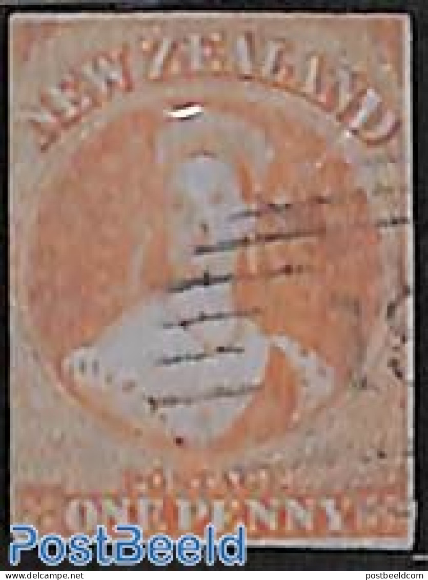 New Zealand 1855 1d Orangered On Blue Paper, Used, Used Stamps - Gebruikt