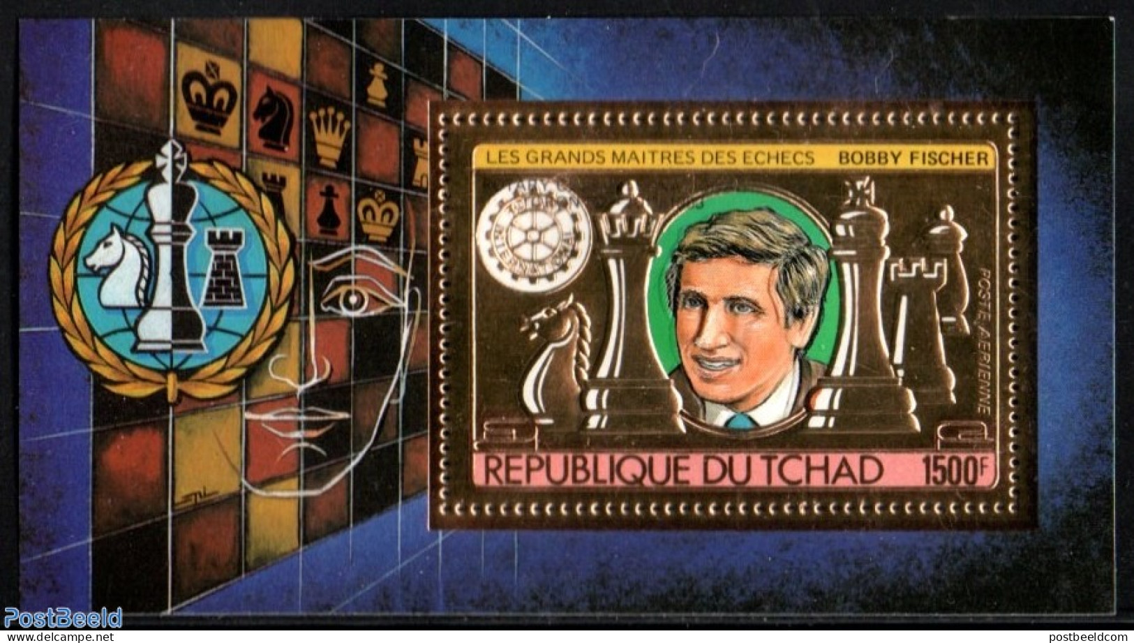 Chad 1983 Bobby Fischer S/s With Black Rotary Overprint, Gold, Mint NH, Sport - Various - Chess - Rotary - Autres & Non Classés