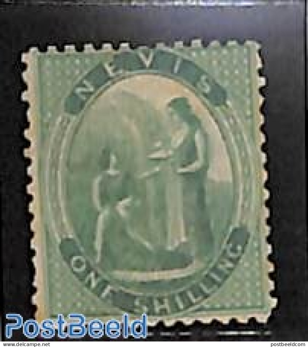 Nevis 1866 1sh, Bluegreen, Without Gum, Unused (hinged) - St.Kitts E Nevis ( 1983-...)