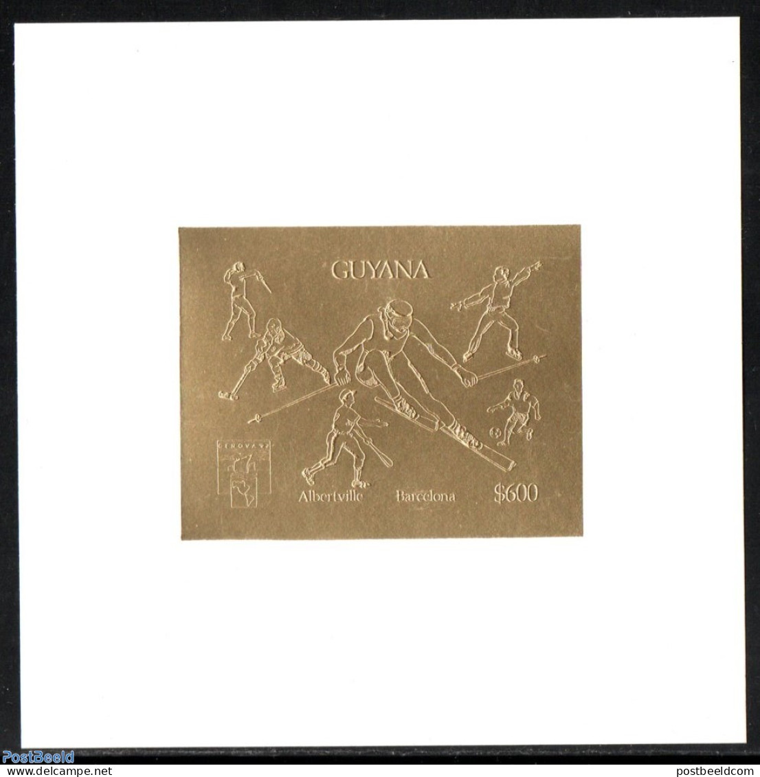 Guyana 1992 Genova 92, Sports S/s, Gold (white Version Without Text), Mint NH, Sport - Baseball - Fencing - Football -.. - Baseball