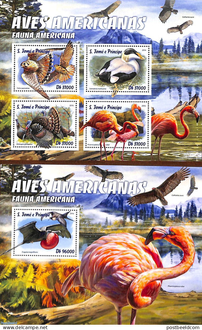 Sao Tome/Principe 2016 American Birds 2 S/s, Mint NH, Nature - Birds - Birds Of Prey - Flamingo - Sao Tome Et Principe