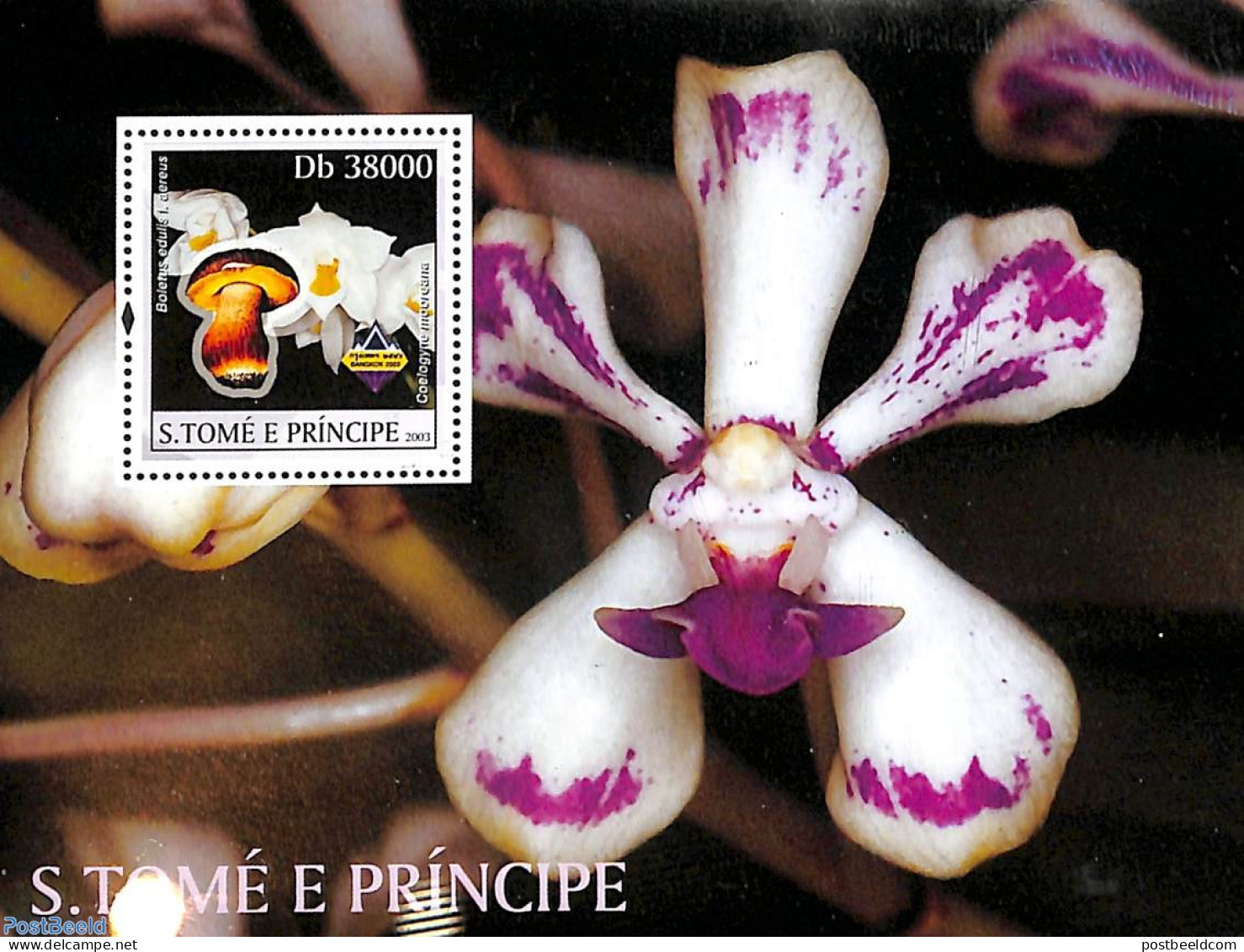 Sao Tome/Principe 2003 Mushrooms, Orchids S/s, Mint NH, Nature - Mushrooms - Orchids - Pilze