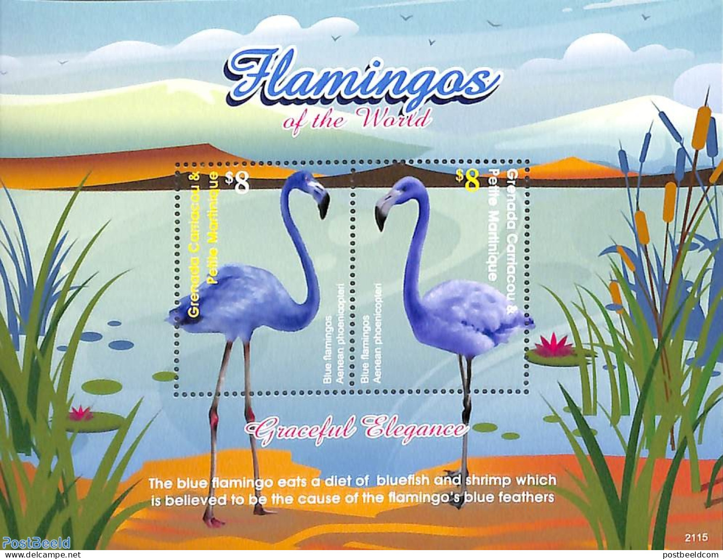 Grenada Grenadines 2021 Flamingos 2v M/s, Mint NH, Nature - Birds - Flamingo - Grenade (1974-...)