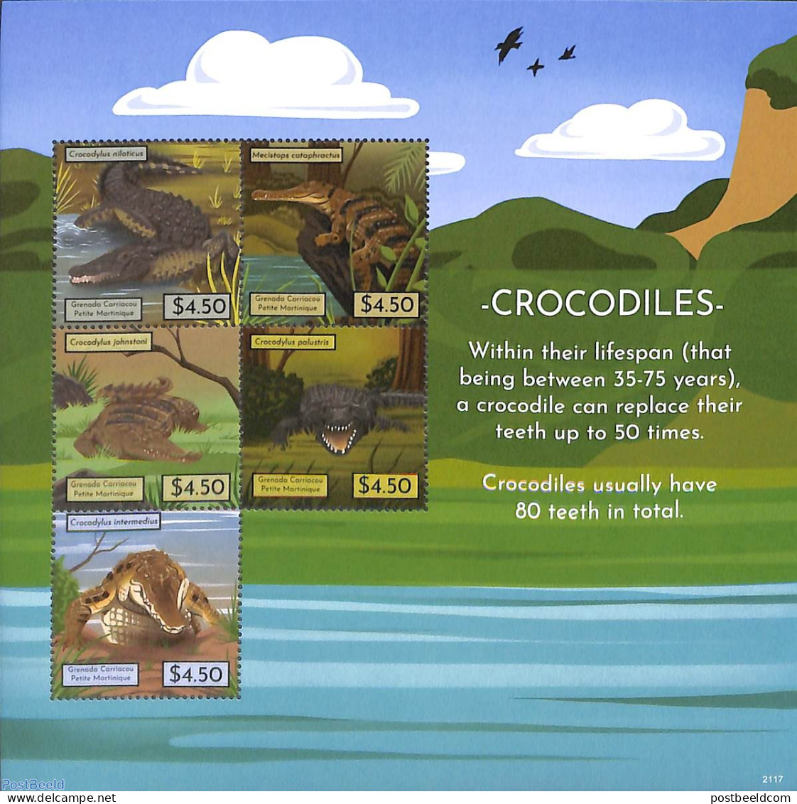 Grenada Grenadines 2021 Crocodiles 5v M/s, Mint NH, Nature - Crocodiles - Reptiles - Grenade (1974-...)
