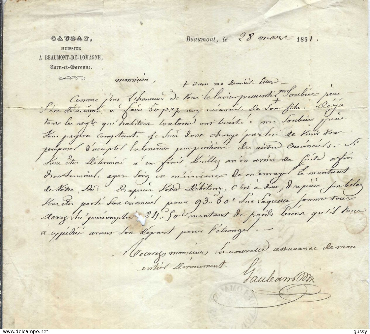 FRANCE Préphilatélie 1851: LAC De Beaumont (T&G) Pour Bordeaux (Gironde) Taxée 25c Au Tampon - 1801-1848: Précurseurs XIX