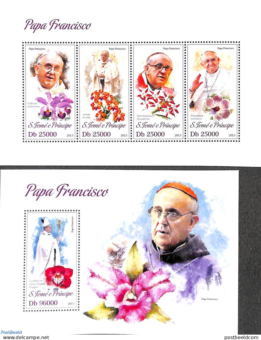 Sao Tome/Principe 2013 Pope Francis 2 S/s, Mint NH, Nature - Religion - Flowers & Plants - Pope - Religion - Papas