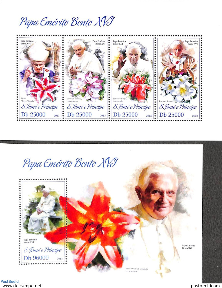 Sao Tome/Principe 2013 Pope Benedict XVI 2 S/s, Mint NH, Nature - Religion - Flowers & Plants - Pope - Religion - Popes