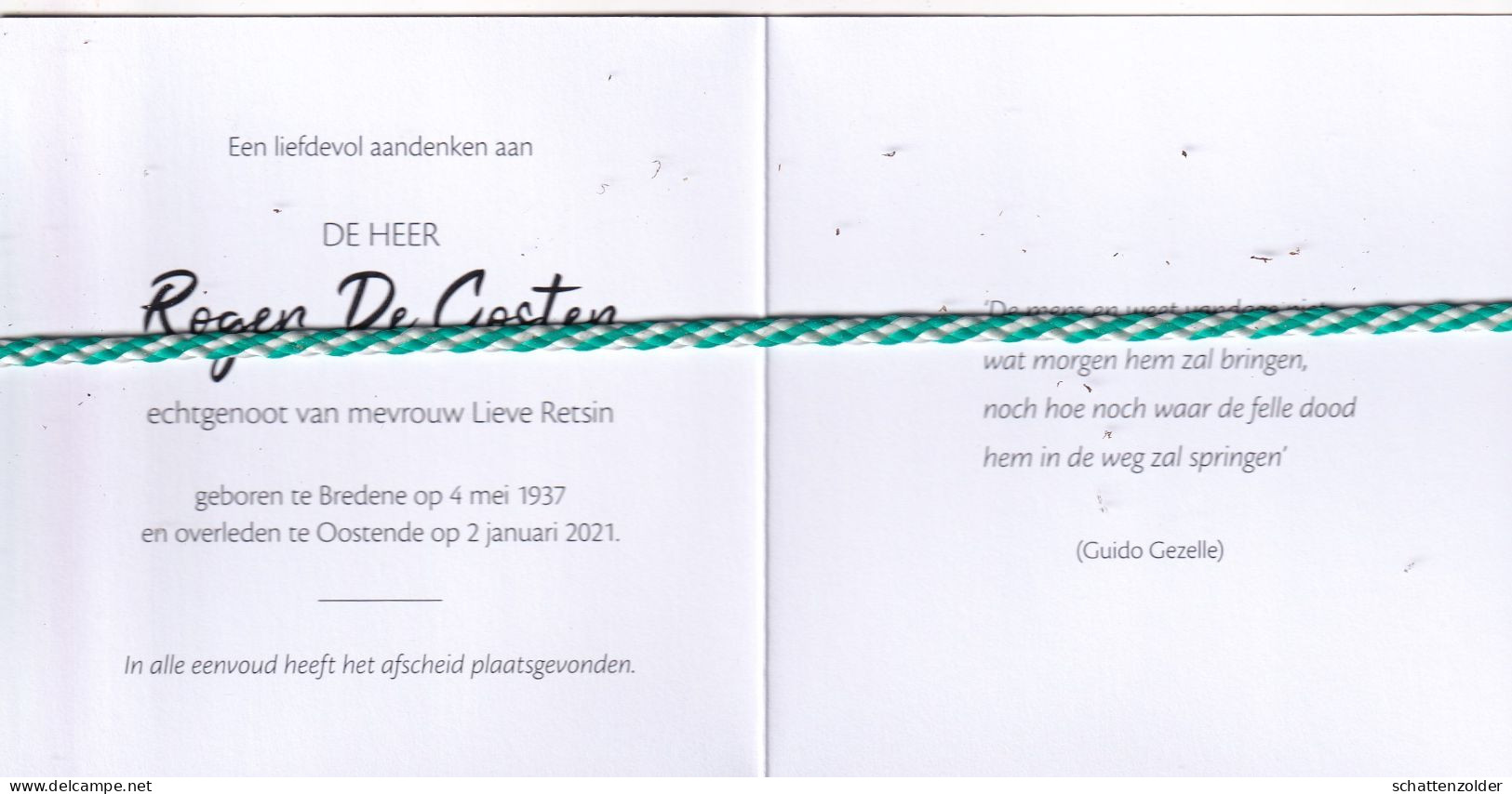 Roger De Coster-Retsin, Bredene 1937, Oostende 2021 - Obituary Notices