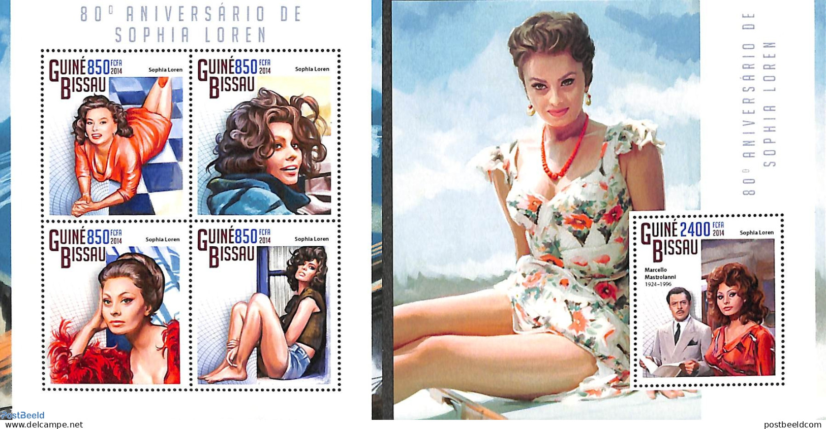 Guinea Bissau 2014 Sophia Loren 2 S/s, Mint NH, Performance Art - Movie Stars - Actors