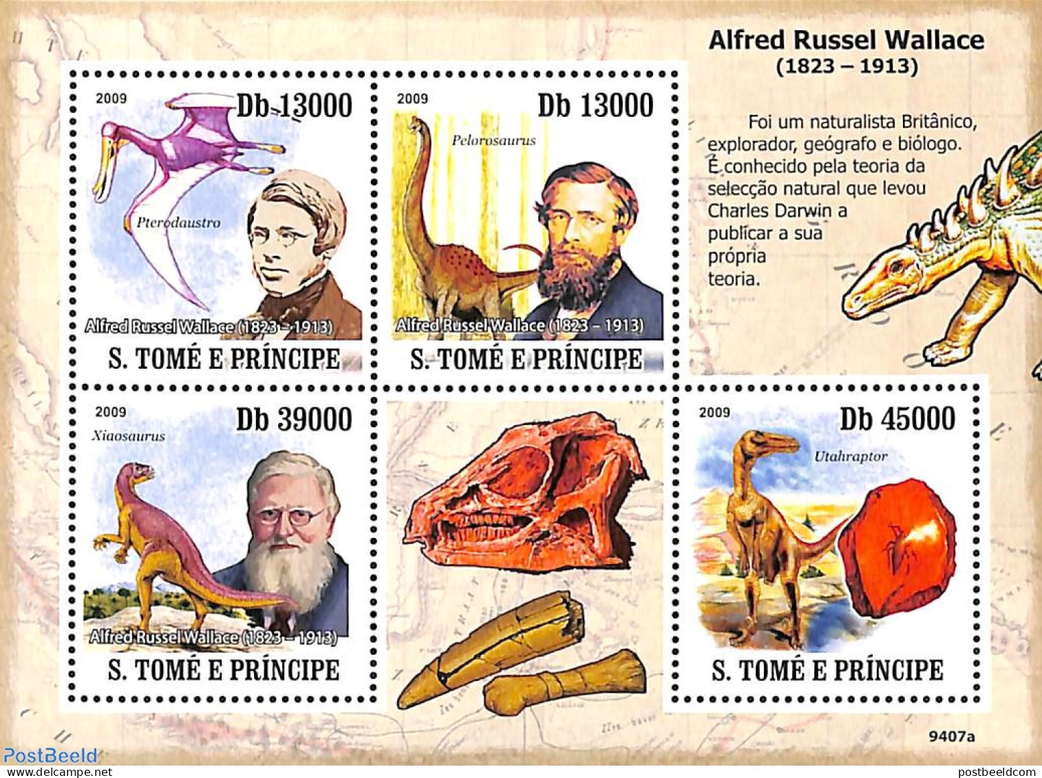 Sao Tome/Principe 2009 Alfred Russel Wallace 4v M/s, Mint NH, Nature - Prehistoric Animals - Préhistoriques