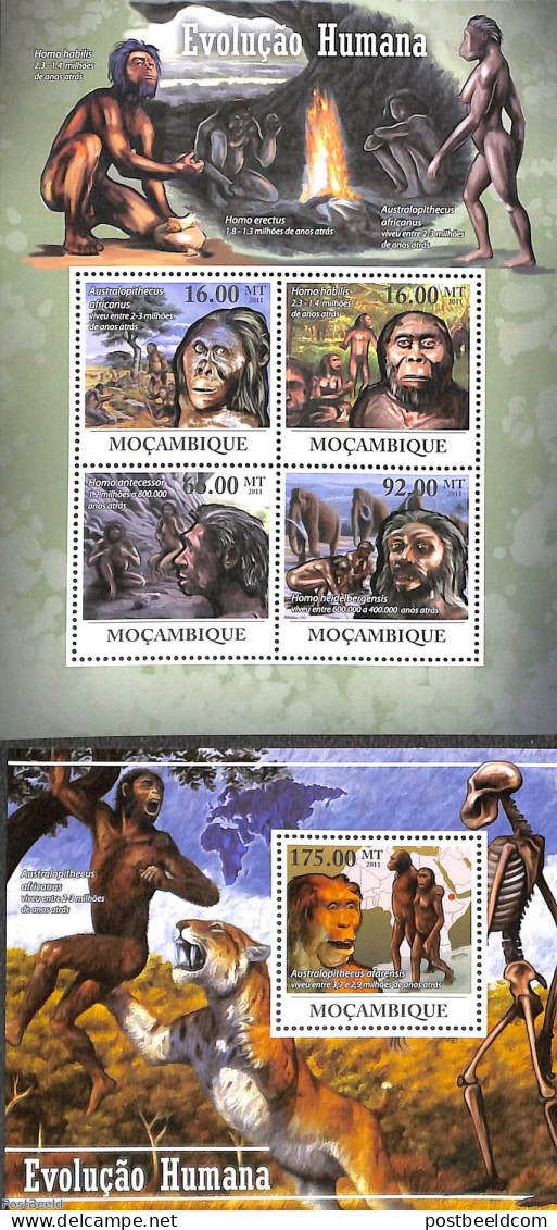 Mozambique 2011 Human Evolution 2 S/s, Mint NH, History - Nature - Various - Archaeology - Maps - Prehistory - Archäologie