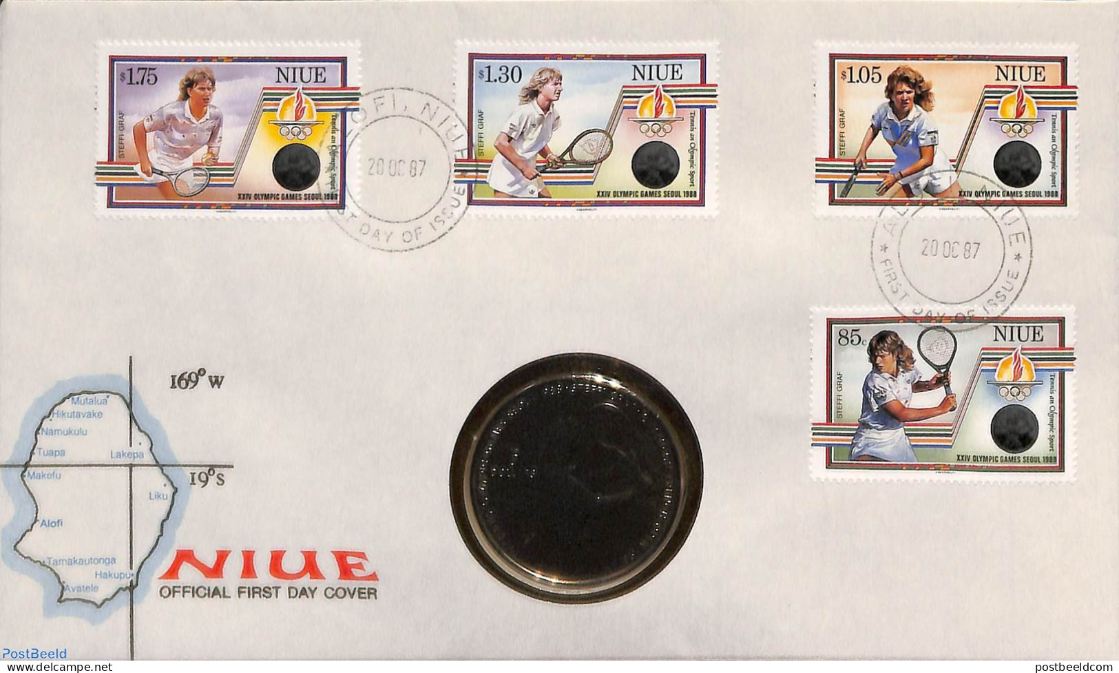 Niue 1987 Coin Letter, Tennis 4v+coin On Cover, Postal History, Sport - Tennis - Tennis