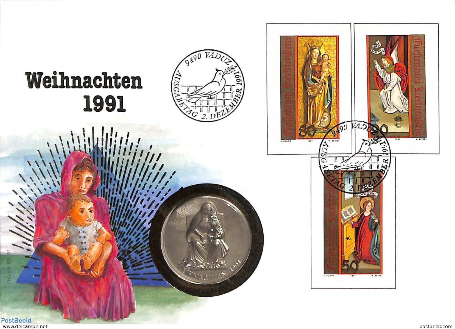 Liechtenstein 1991 Coin Letter, Christmas With Stamps+token, Postal History, Religion - Christmas - Brieven En Documenten