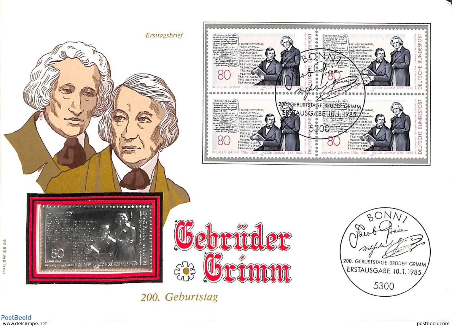 Germany, Federal Republic 1985 Cover Grimm Brothers With Stamps+ Silver Token, Postal History, Art - Fairytales - Lettres & Documents