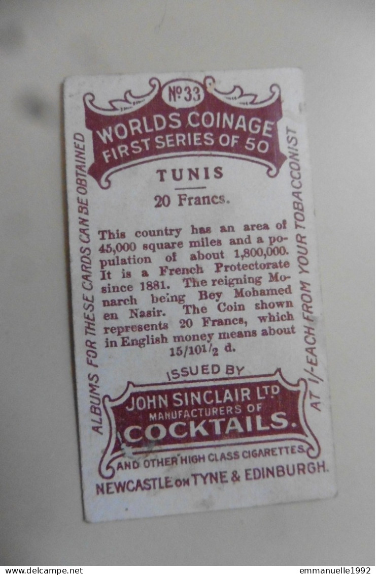 Chromo John Sinclair Collection Card Worlds Coinage N°33 Tunisia Tunisie 20 Fr - Sonstige & Ohne Zuordnung