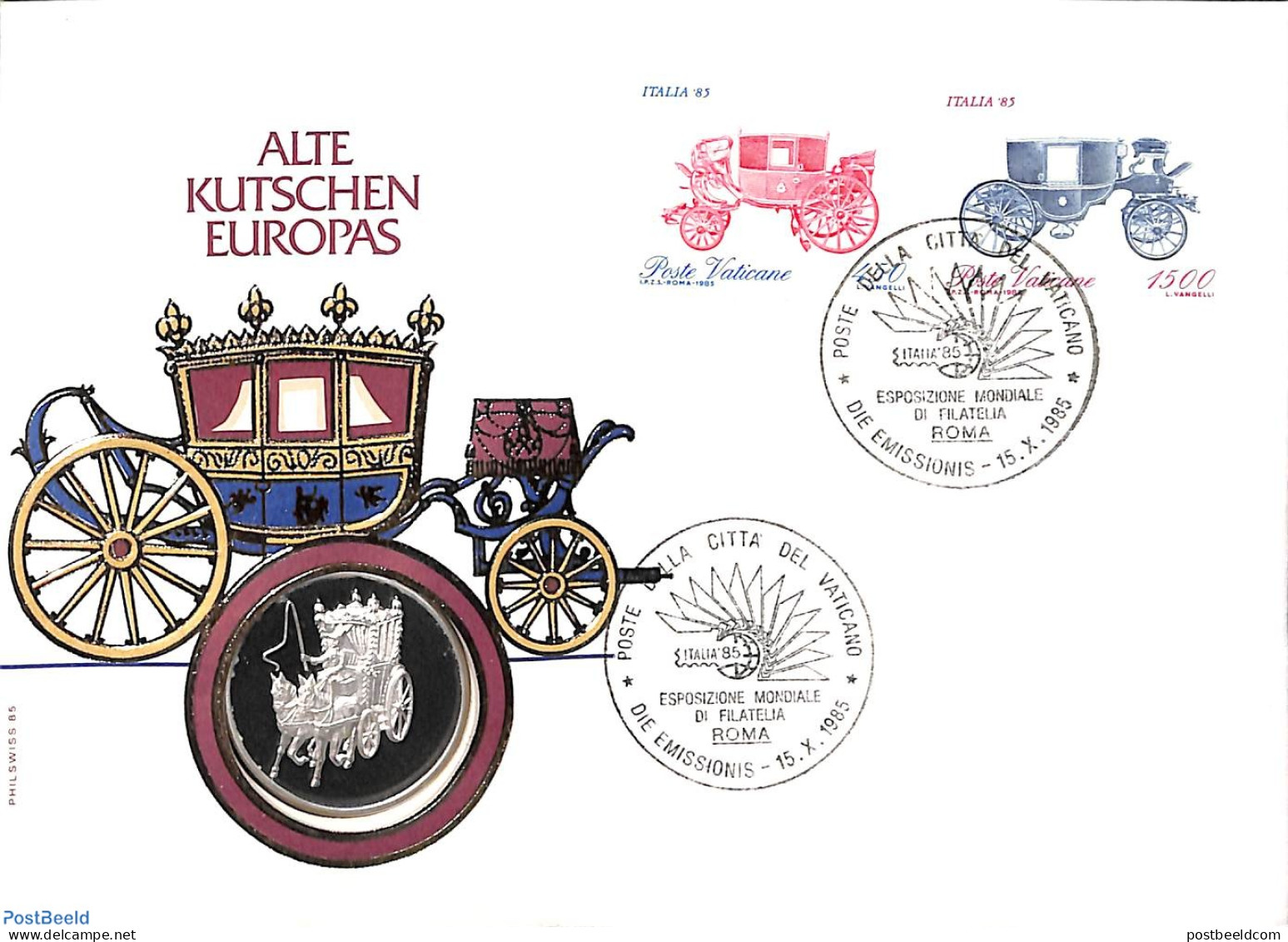 Vatican 1985 Cover With Stamps + Silver Token, Postal History, Transport - Coaches - Storia Postale