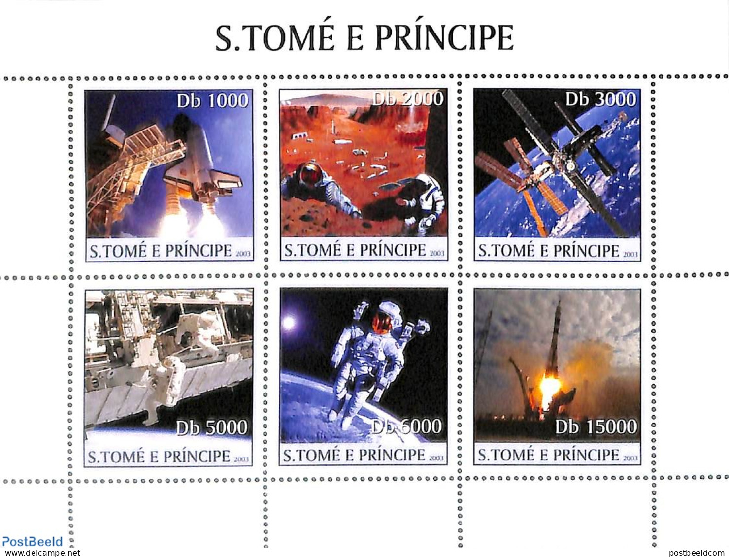 Sao Tome/Principe 2003 Space Exploration 6v M/s, Mint NH, Transport - Space Exploration - Sao Tomé Y Príncipe