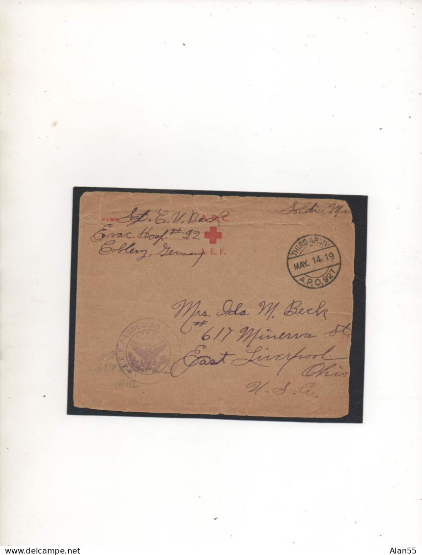 ALLEMAGNE,1914 American Expeditionary Forces. EVAC.HOSPITAL 22, COBLENZ, A.P.O. 921HOSPITAL 22 ,COBLENZ,  - Prisoners Of War Mail