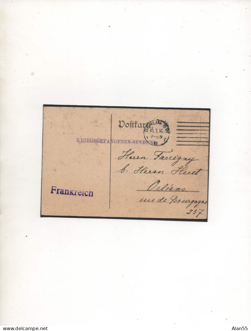 ALLEMAGNE,1916, ROTEN KREUZ ,BERLIN, FRANCE, ORLEANS (LOIRET) CORRESPONDANCE PRISONNIERS DE GUERRE - Gevangenenpost