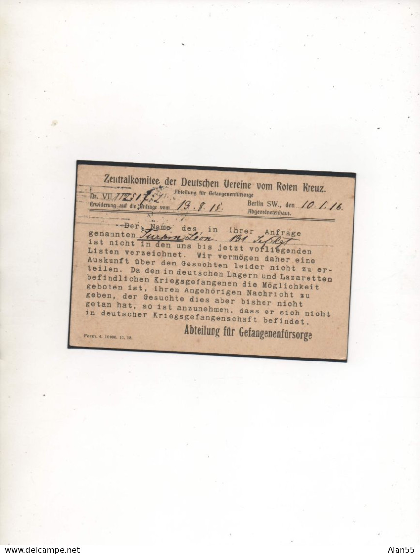 ALLEMAGNE,1916, ROTEN KREUZ ,BERLIN, FRANCE, ORLEANS (LOIRET) CORRESPONDANCE PRISONNIERS DE GUERRE - Prigionieri