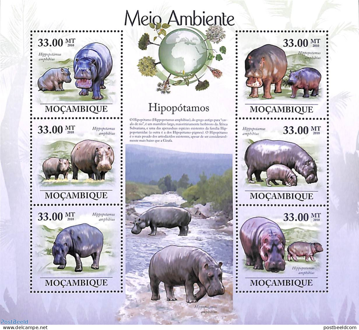 Mozambique 2010 Hippo's 6v M/s, Mint NH, Nature - Animals (others & Mixed) - Hippopotamus - Mozambico