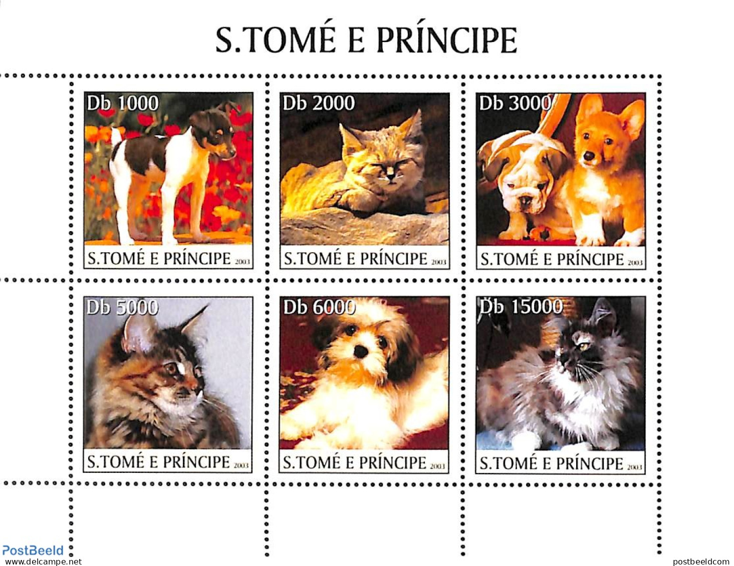 Sao Tome/Principe 2003 Young Dogs And Cats 6v M/s, Mint NH, Nature - Cats - Dogs - Sao Tome And Principe