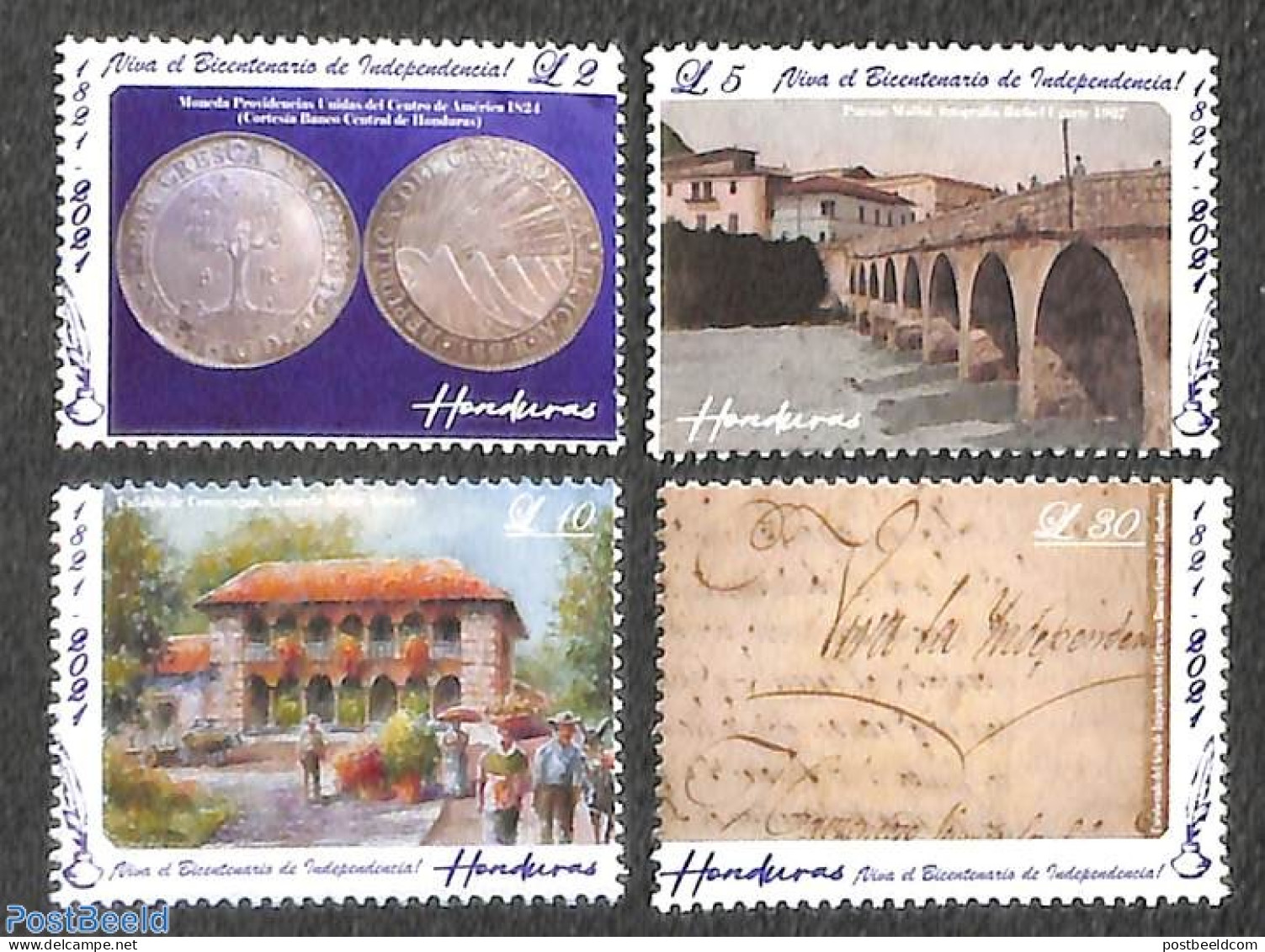 Honduras 2021 Bicentenary Of Independence 4v, Mint NH, History - Various - History - Money On Stamps - Art - Bridges A.. - Monete