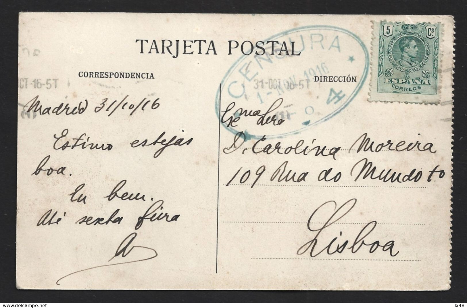 Postcard Ponta Do Sol In Madrid, Spain With 'Censorship Nº. 4 Of 1916' From Lisbon. Postal De Ponta Do Sol En Madrid, Es - WO1