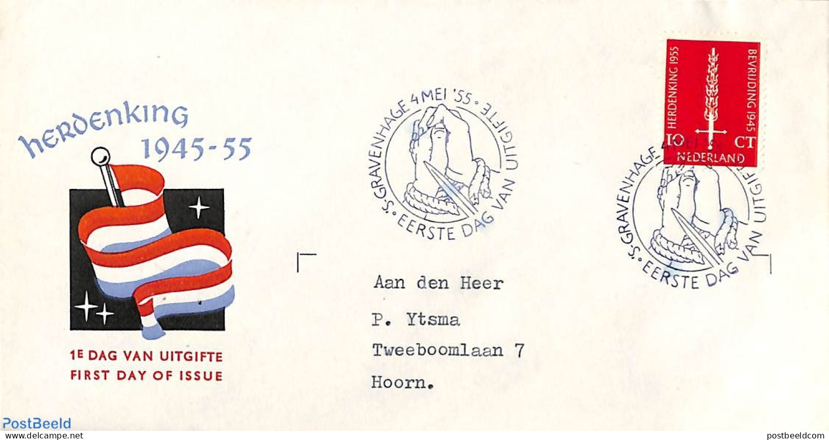 Netherlands 1955 Liberation 1v, FDC Open Flap, Typed Address, First Day Cover, History - World War II - Cartas & Documentos