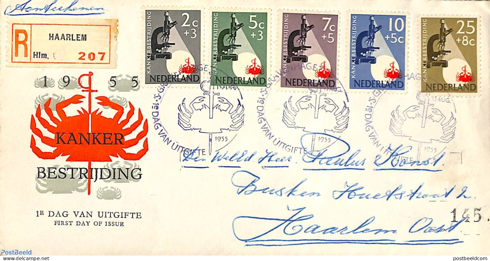 Netherlands 1955 Anti Cancer 5v, FDC, Closed Flap, Written Address, First Day Cover, Health - Health - Microscopes - Lettres & Documents