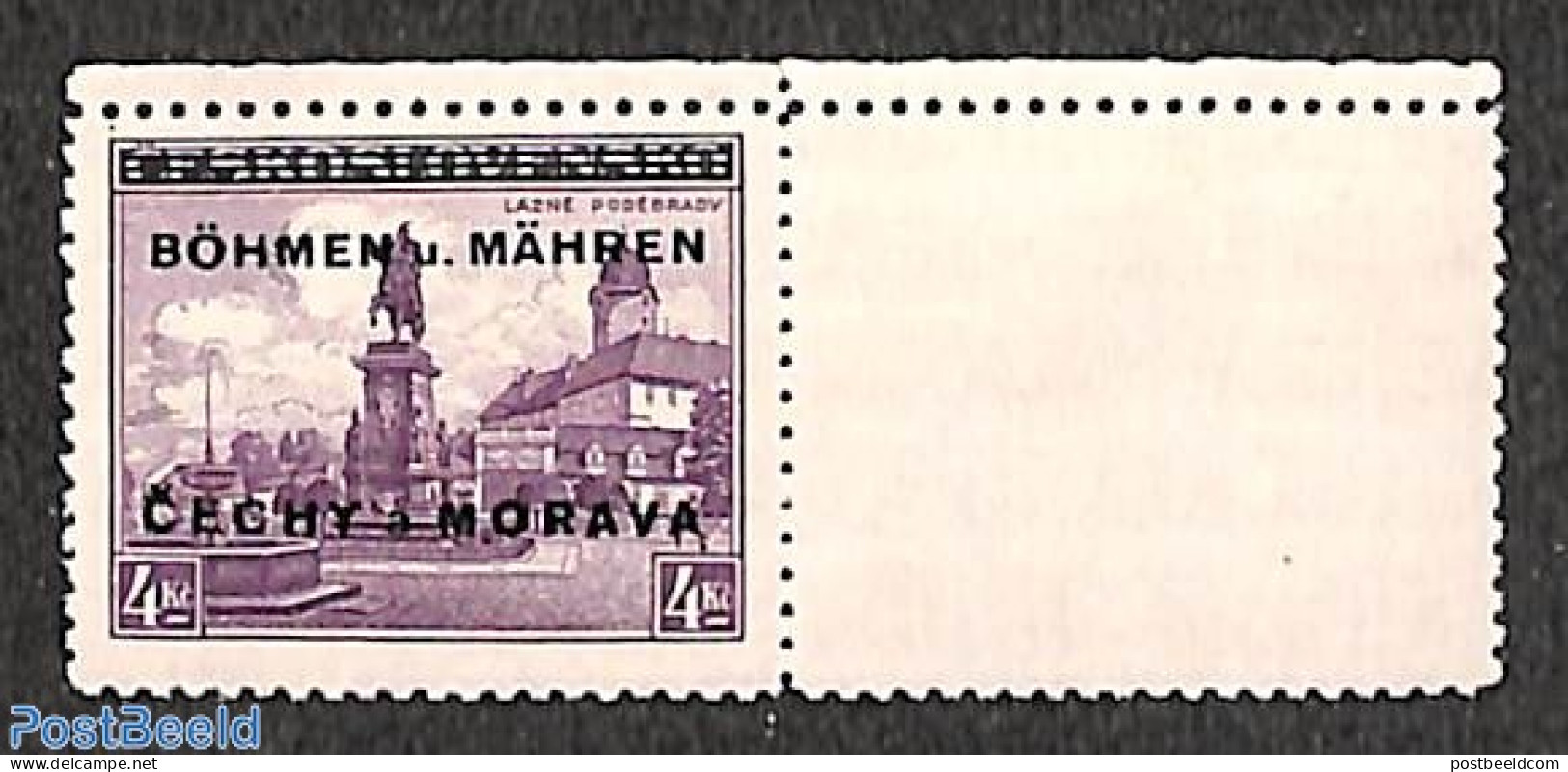 Bohemia & Moravia 1939 4Kr With Empty Field Tab Right, Mint NH - Neufs