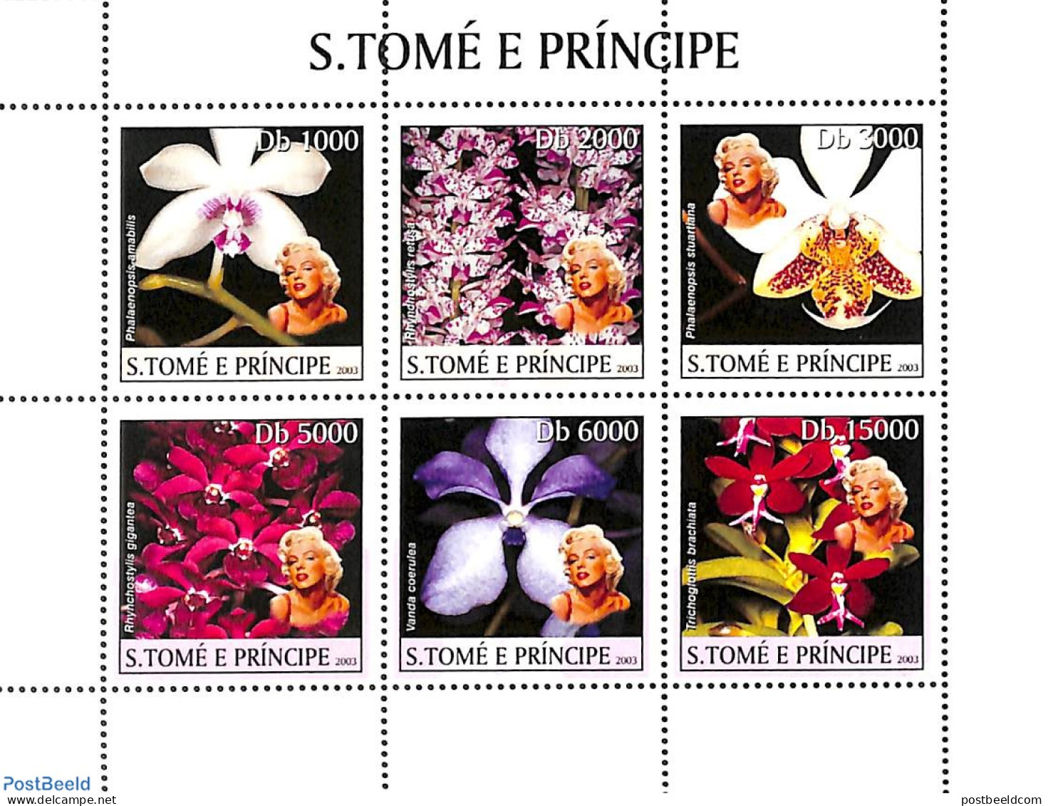 Sao Tome/Principe 2003 Orchids, Marilyn Monroe 6v M/s, Mint NH, Nature - Performance Art - Flowers & Plants - Orchids .. - Sao Tomé Y Príncipe