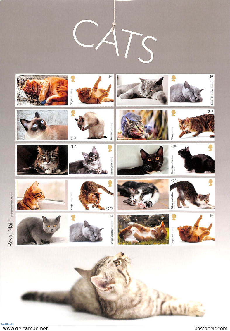 Great Britain 2022 Cats 10v S-a In Collector's Sheet M/s, Mint NH, Nature - Cats - Ongebruikt