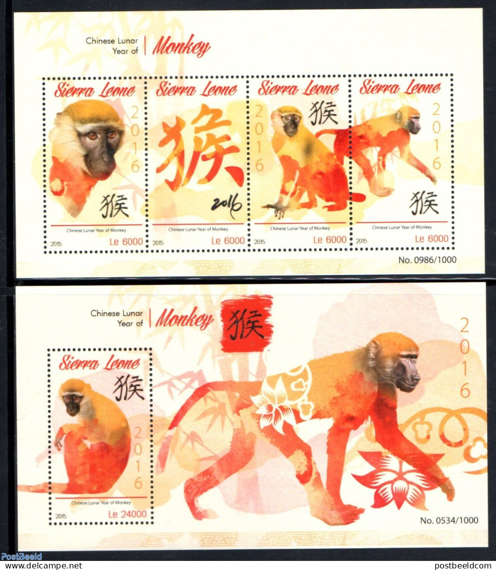 Sierra Leone 2015 Year Of The Monkey 2 S/s, Mint NH, Nature - Various - Monkeys - New Year - Nouvel An