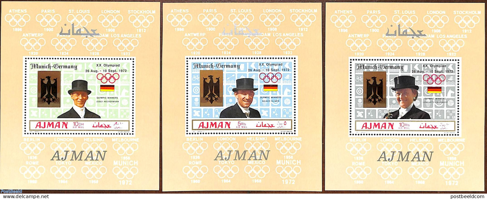 Ajman 1969 Olympic Games, Overprints 3 S/s, Mint NH, Nature - Sport - Horses - Athletics - Basketball - Boxing - Cycli.. - Leichtathletik