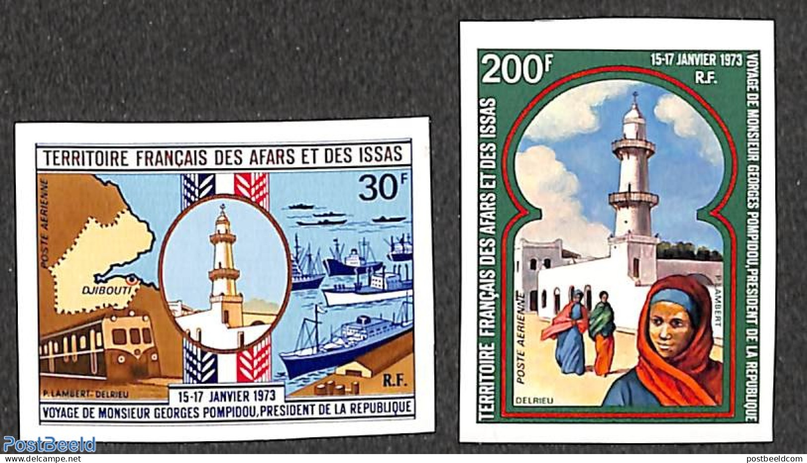 Afars And Issas 1973 Visit Of President Pompidou 2v, Imperforated, Mint NH, Religion - Transport - Various - Churches,.. - Unused Stamps