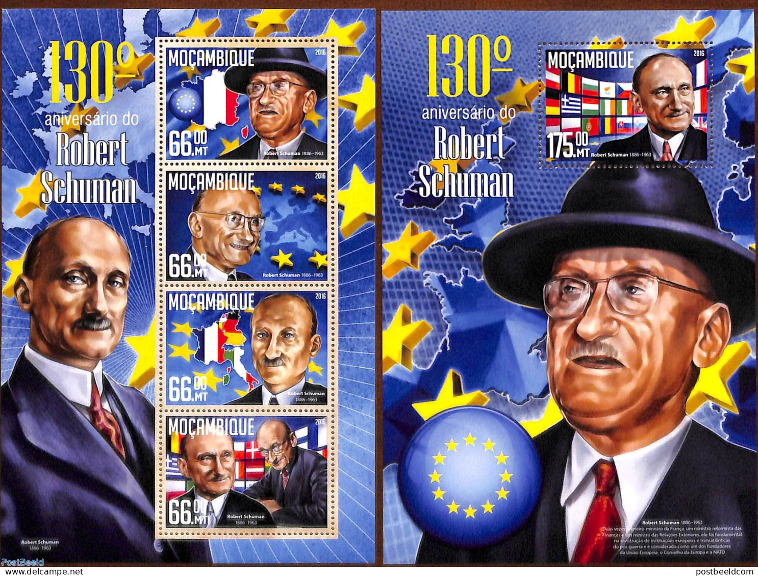 Mozambique 2016 Robert Schuman 2 S/s, Mint NH, History - Various - Europa Hang-on Issues - Flags - Maps - Europäischer Gedanke