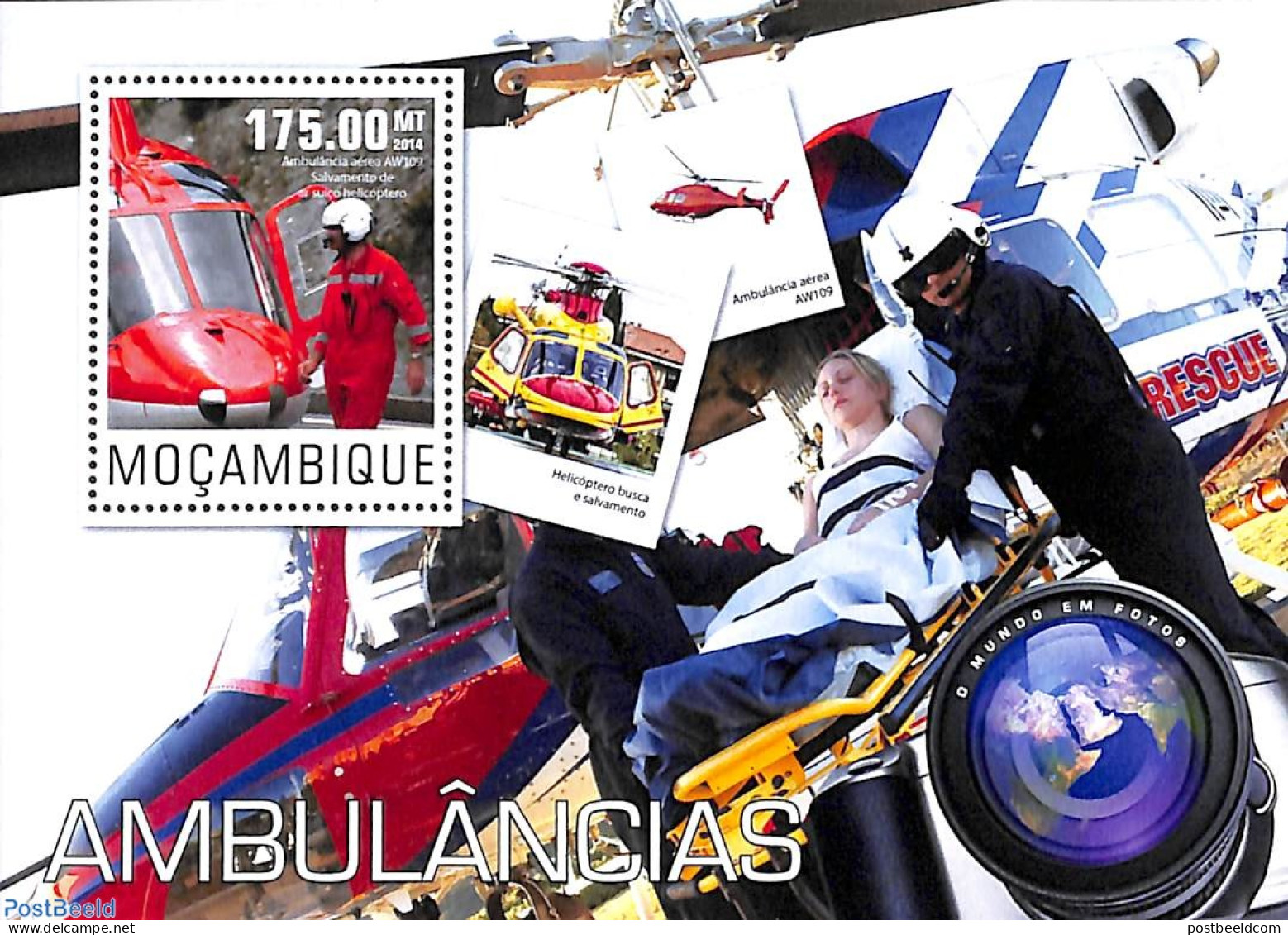 Mozambique 2014 Helicopter Ambulance S/s, Mint NH, Health - Transport - Health - Helicopters - Helicopters