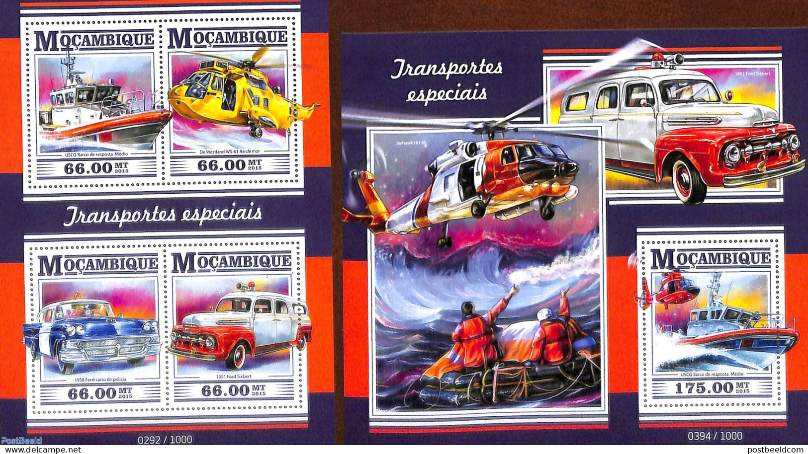 Mozambique 2015 Special Transport 2 S/s, Mint NH, Health - Transport - Various - Health - Automobiles - Helicopters - .. - Coches
