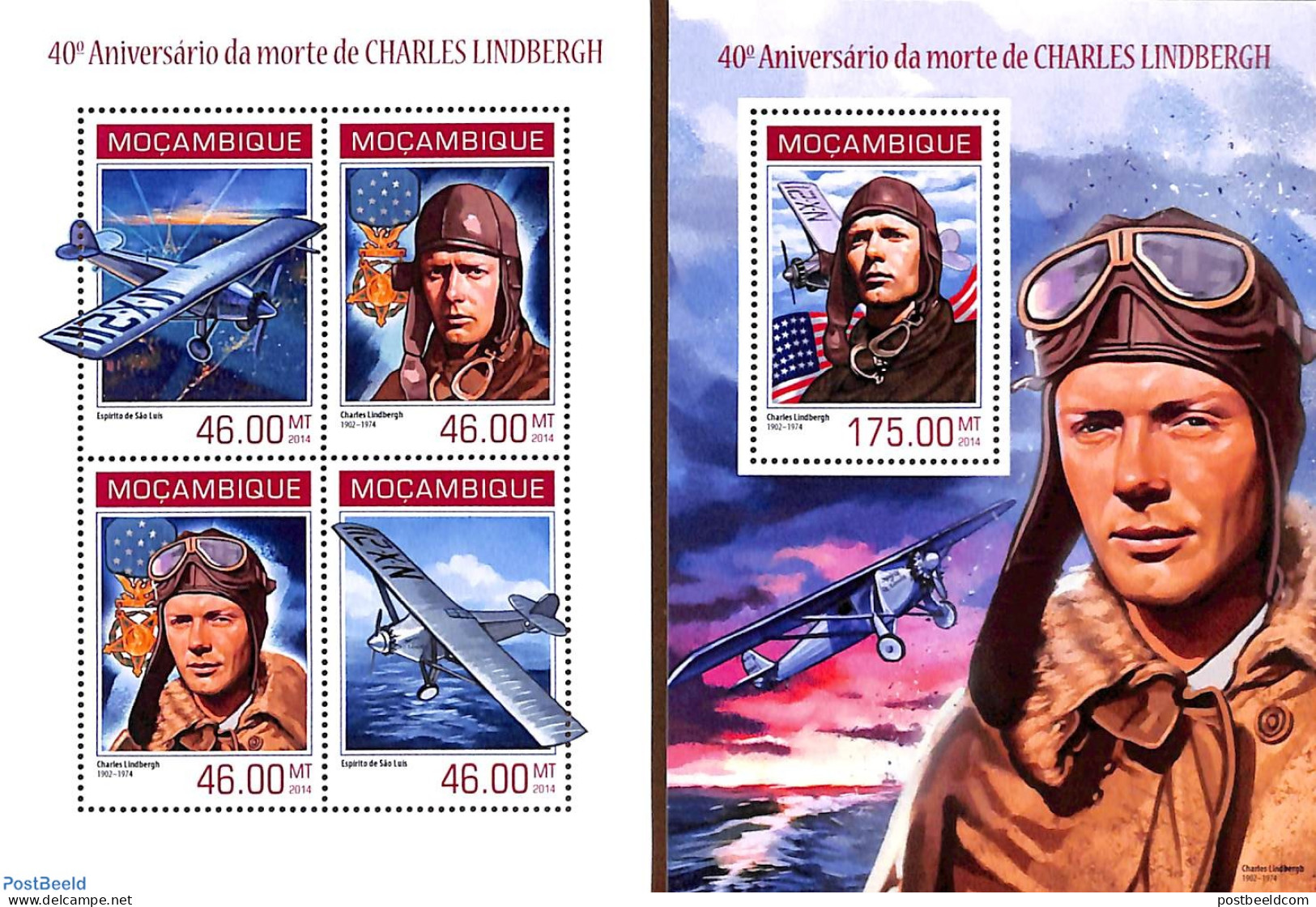 Mozambique 2014 Charles Lindbergh 2 S/s, Mint NH, History - Transport - Decorations - Aircraft & Aviation - Militaria