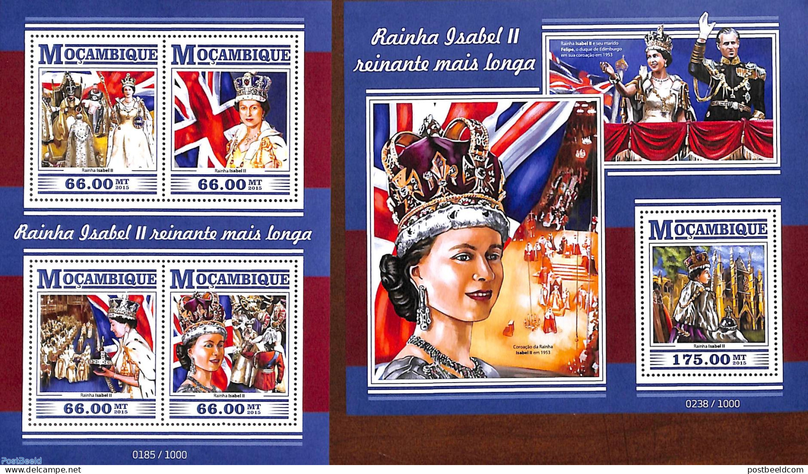Mozambique 2015 Queen Elizabeth II, Longest Reigning Queen 2 S/s, Mint NH, History - Kings & Queens (Royalty) - Royalties, Royals