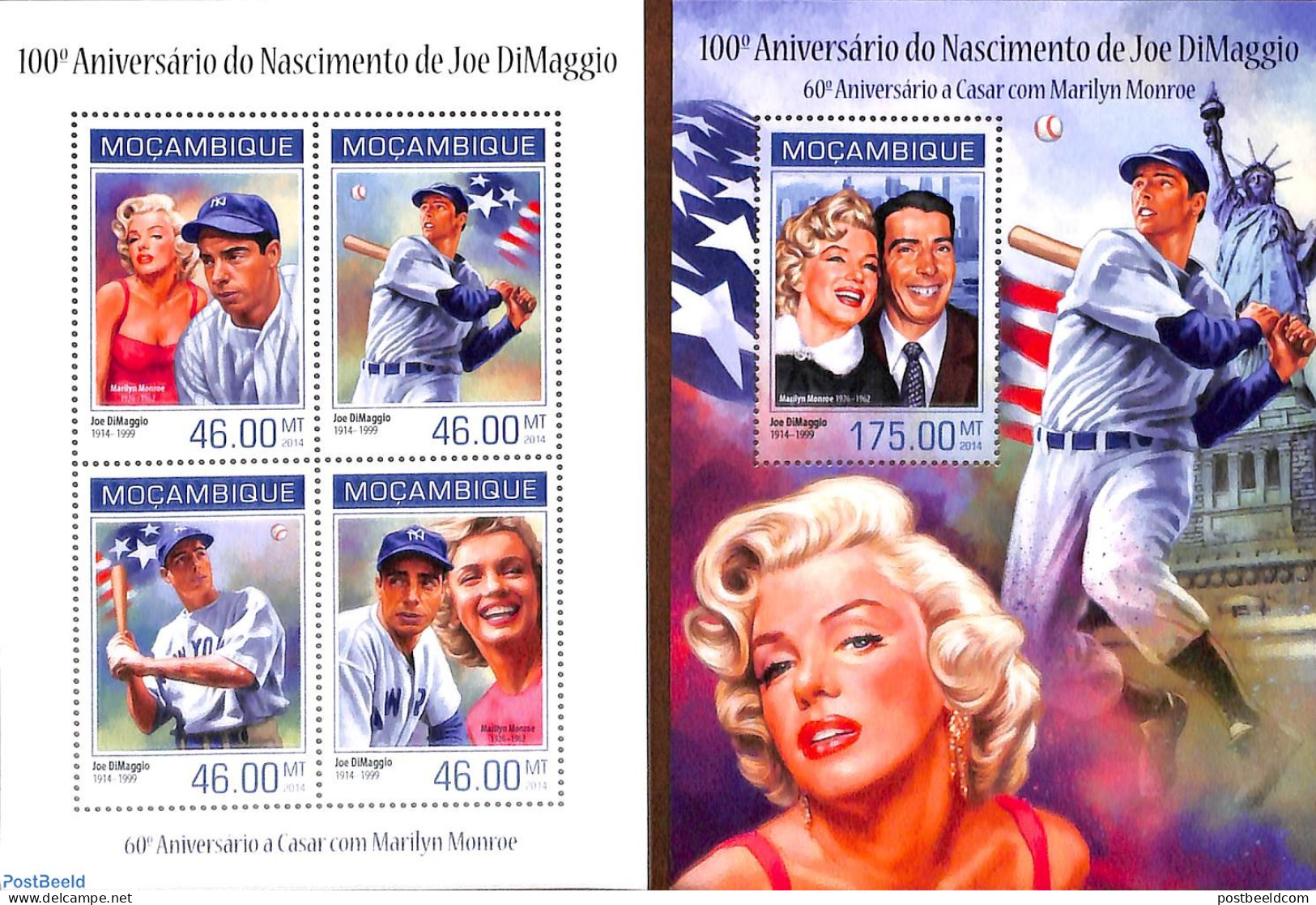 Mozambique 2014 Joe DiMaggio & Marilyn Monroe 2 S/s, Mint NH, Performance Art - Sport - Marilyn Monroe - Baseball - Base-Ball