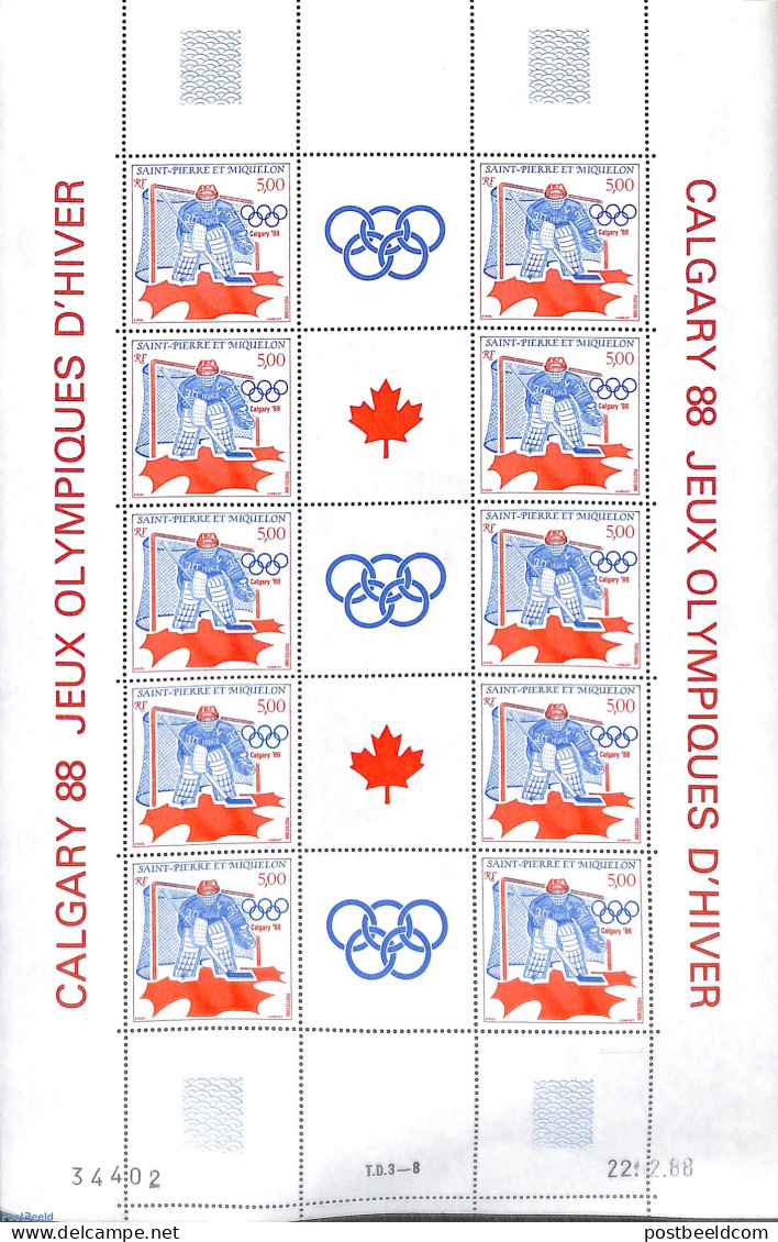 Saint Pierre And Miquelon 1988 Olympic Winter Games M/s, Mint NH, Sport - Ice Hockey - Olympic Winter Games - Hockey (Ice)